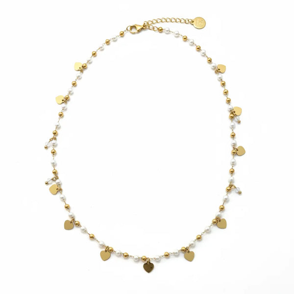 Collana con Perle e Cuoricini Oro in Acciaio Inossidabile - Regolabile
