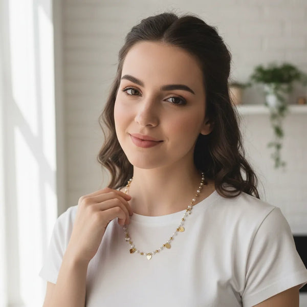 Collana con Perle e Cuoricini Oro in Acciaio Inossidabile - Regolabile