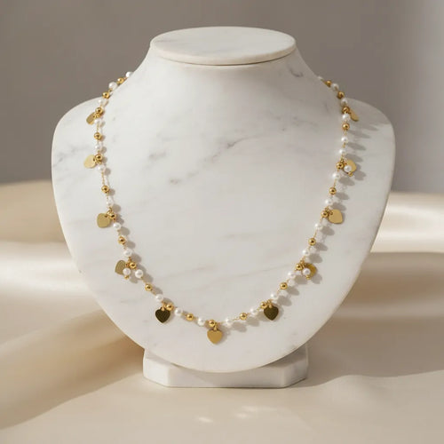 Collana con Perle e Cuoricini Oro in Acciaio Inossidabile - Regolabile