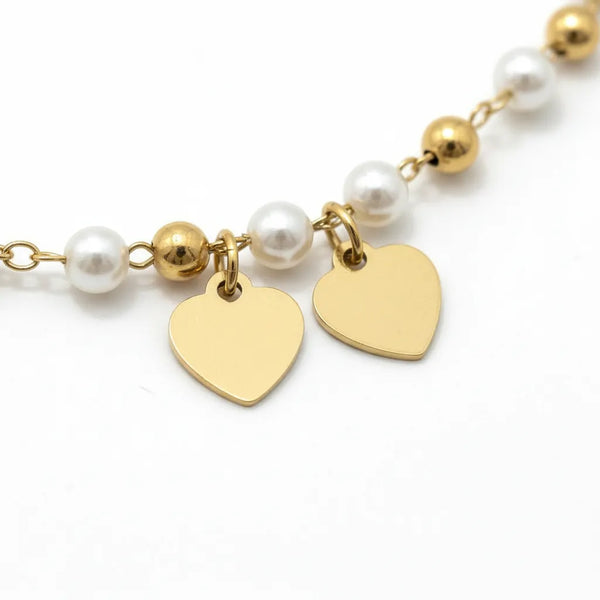 Collana con Perle e Cuoricini Oro in Acciaio Inossidabile - Regolabile