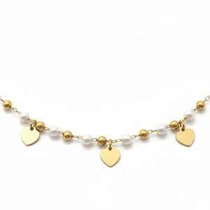 Collana con Perle e Cuoricini Oro in Acciaio Inossidabile - Regolabile