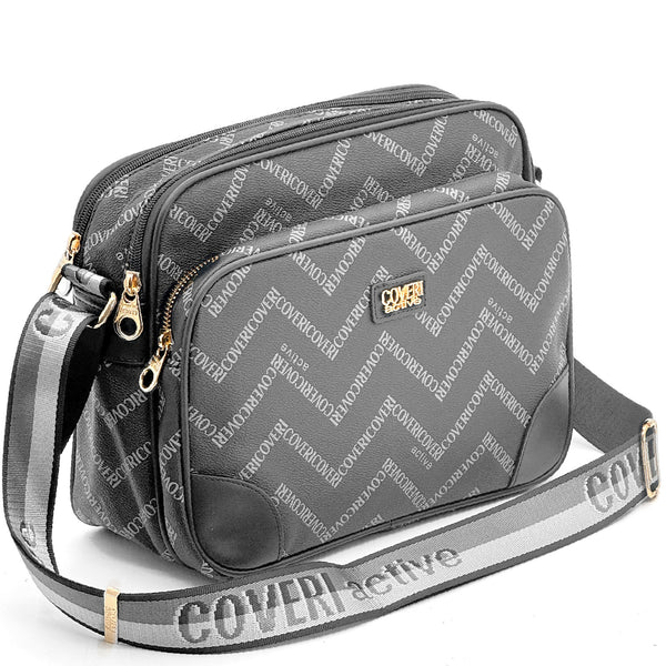 Borsa tracolla firmata COVERI ACTIVE in simil pelle pregiata tasche con cerniera fantasia logata originale toppe