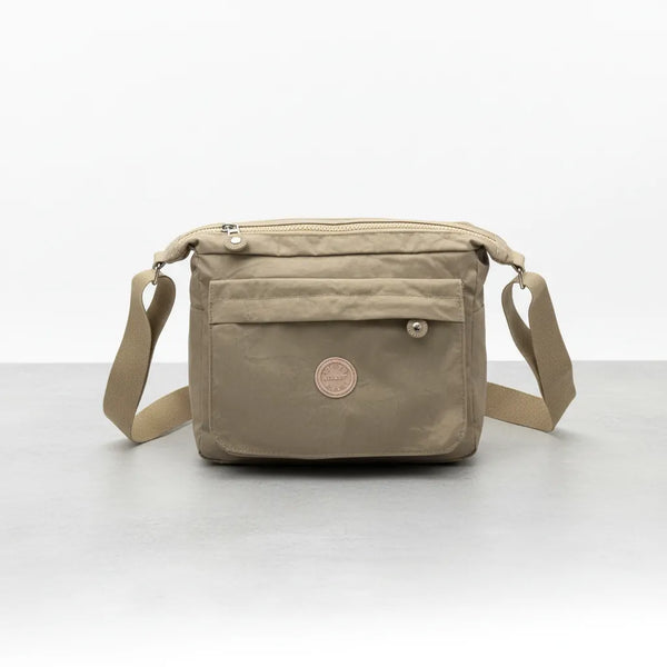 Borsa Tracolla Donna in Nylon Beige Multitasche. Impermeabile e Leggera con Cinghia Regolabile. Modello Postina Casual per Viaggio e Uso Quotidiano