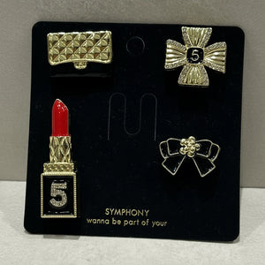 Set 4 Spille Donna Glamour con Rossetto, Fiocco, Borsetta e Croce — Spille Dorate Nere con Strass