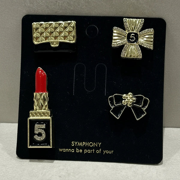 Set 4 Spille Donna Glamour con Rossetto, Fiocco, Borsetta e Croce — Spille Dorate Nere con Strass