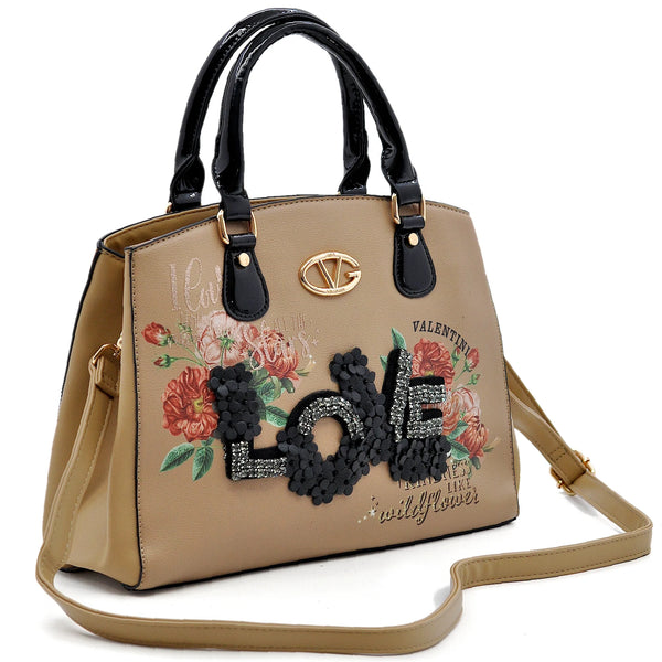 Borsa donna Valentini Gino beige con fiori e scritta LOVE – Borsa a mano e tracolla elegante