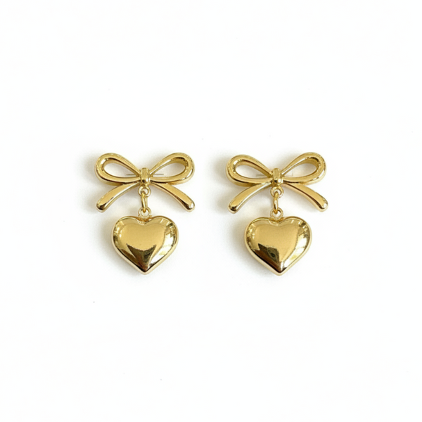 Orecchini a Fiocco con Cuore Pendente Dorati - Stile Romantico