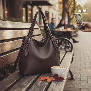 La Duci- Borsa firmata Gyoiamea shopping a spalla manici intrecciati secchio simil pelle