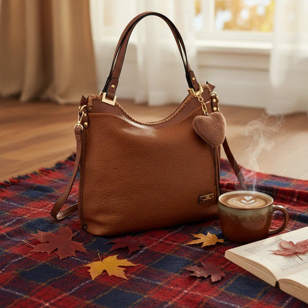 CHARRO - Borsa shopping pon pon cuore a spalla grande tracolla casual simil pelle venata