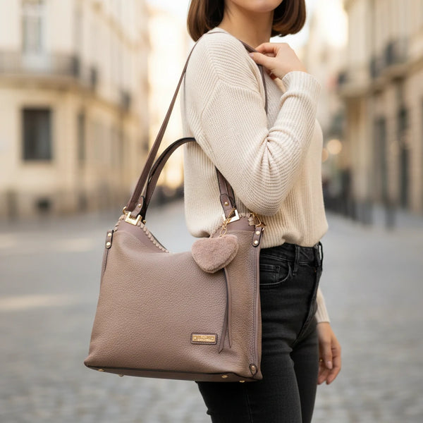 CHARRO - Borsa shopping pon pon cuore a spalla grande tracolla casual simil pelle venata