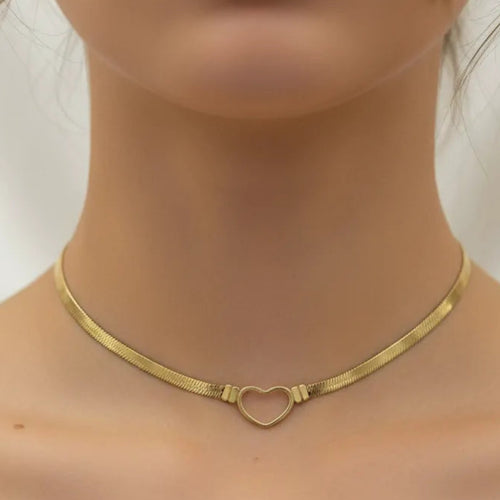 Collana Choker Cuore in Acciaio Inossidabile - Maglia Piatta Oro e Argento