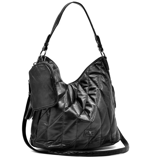 Borsa + OMAGGIO portamonete hobo biker firmato YYCOVERI donna spalla a tracolla simil pelle trapuntata effetto lucido