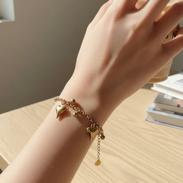 Bracciale con Charms Cuore 3D in Acciaio Oro - Catena Chunky Regolabile