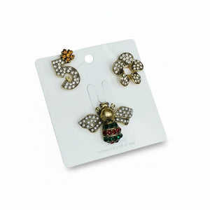 Set 3 Spille Gioiello Iconiche - Ape Regina, Numero 5 e Fiore con Strass