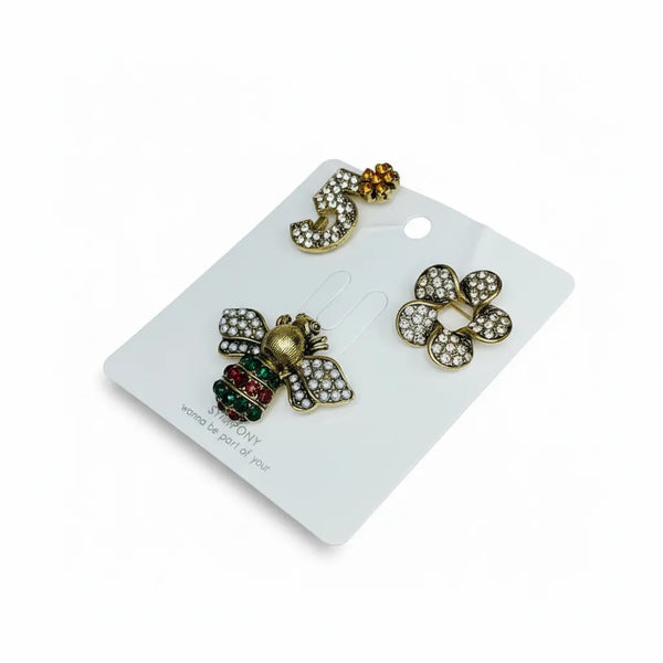 Set 3 Spille Gioiello Iconiche - Ape Regina, Numero 5 e Fiore con Strass