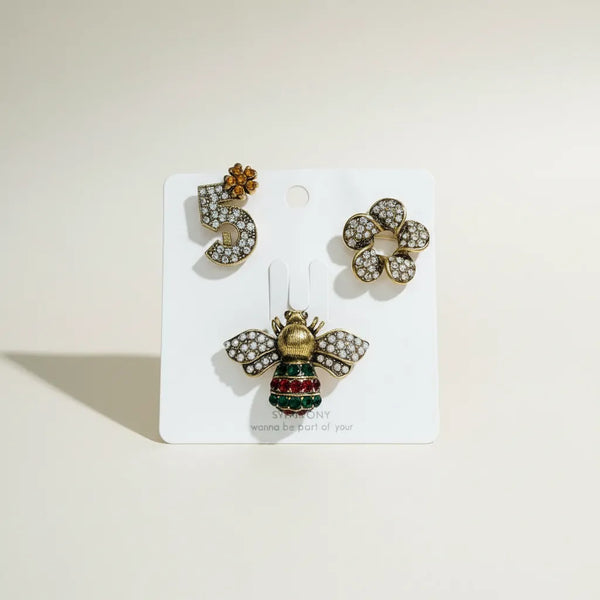 Set 3 Spille Gioiello Iconiche - Ape Regina, Numero 5 e Fiore con Strass