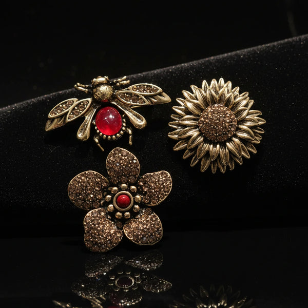 Set 3 Spille Donna ape fiore gira sole  — Spille per giacca borsa oro