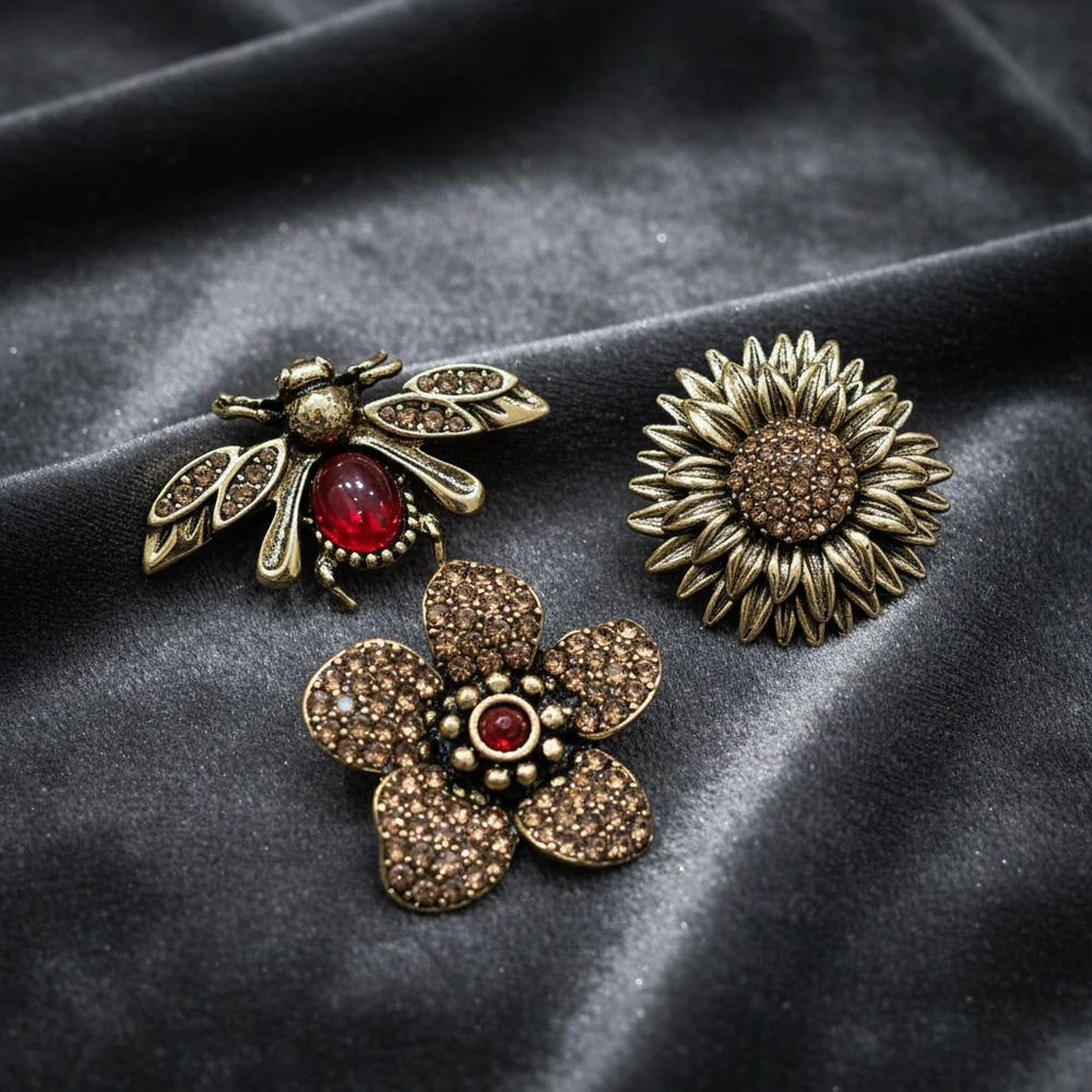 Set 3 Spille Donna ape fiore gira sole  — Spille per giacca borsa oro