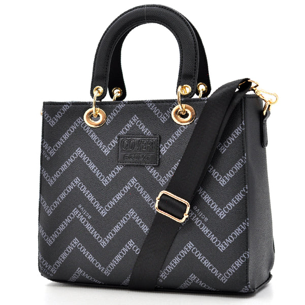 Borsa Firmata COVERI ACTIVE new  Bauletto borsetta nera Donna fantasia logo Zip Tracolla