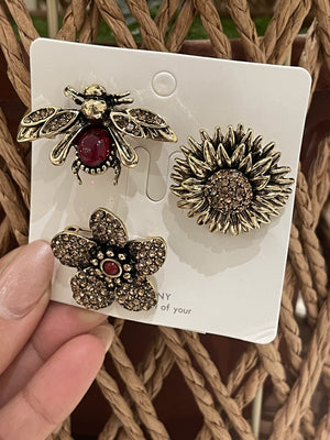 Set 3 Spille Donna ape fiore gira sole  — Spille per giacca borsa oro