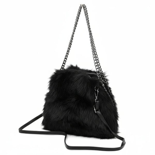 La Brava - Borsa firmata Gyoiamea in eco pelliccia morbida teddy pelo tracolla manici a catena