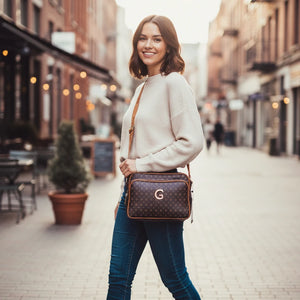 Borsa firmata GAMAYA dimensione media con zip cerniere tracolla donna logo fantasia logata multi tasche