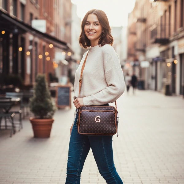 Borsa firmata GAMAYA dimensione media con zip cerniere tracolla donna logo fantasia logata multi tasche