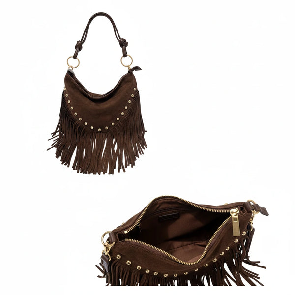 La Rodero - Borsa spalla frange camoscio scamosciata borchie monomanico