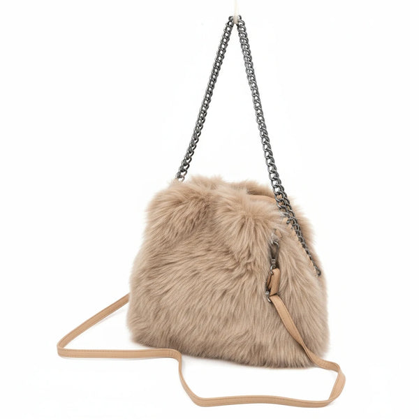 La Brava - Borsa firmata Gyoiamea in eco pelliccia morbida teddy pelo tracolla manici a catena