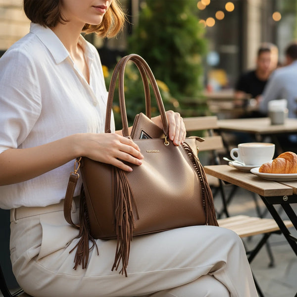 Borsa firmata COCONUDA Colletion donna spalla a tracolla simil pelle nuova shopping frange nappe