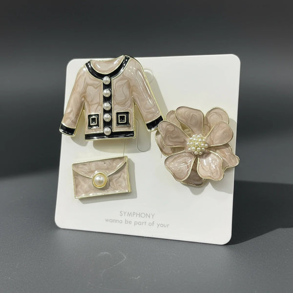 Set 3 Spille Donna Vintage Chic Giacchina, Borsetta e Fiore con Perle — Spille Dorate beige