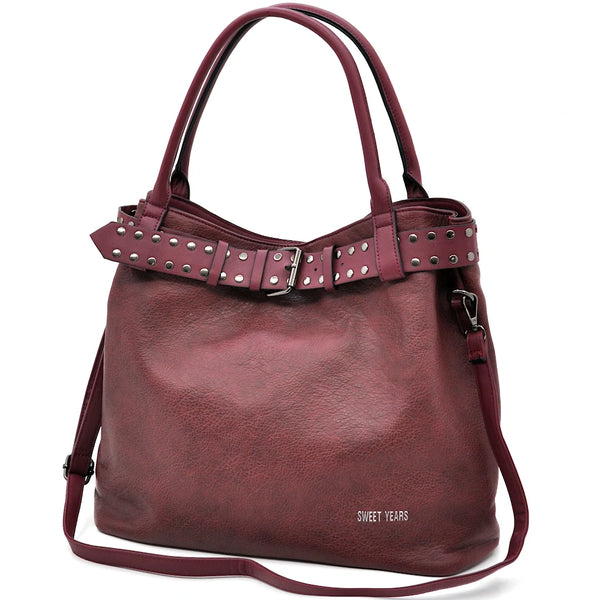 Borsa a sacco shopping firmato SWEET YEARS donna spalla a tracolla simil pelle shopping borchie cintura