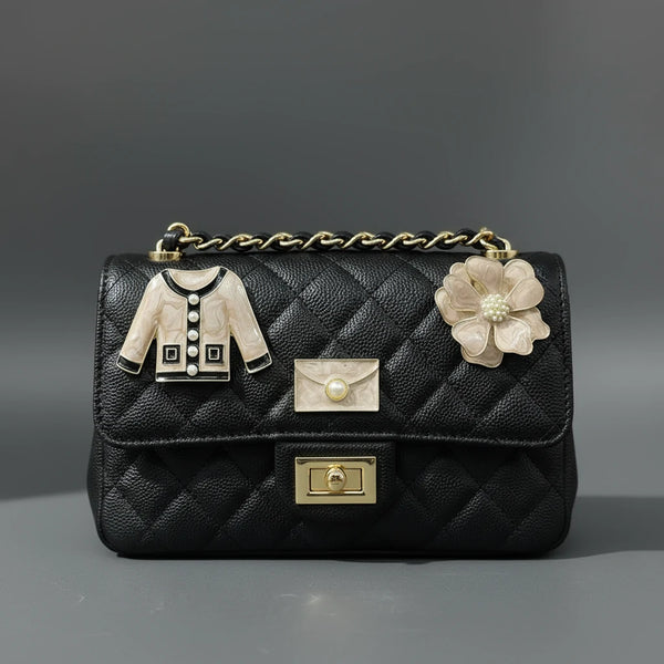 Set 3 Spille Donna Vintage Chic Giacchina, Borsetta e Fiore con Perle — Spille Dorate beige