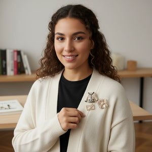 Set 3 Spille Donna Vintage Chic Giacchina, Borsetta e Fiore con Perle — Spille Dorate beige