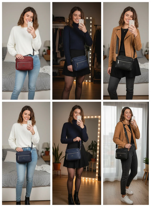 YYcoveri Borsa firmata a mano e tracolla borsetta con molte chiusure con zip simil pelle martellata