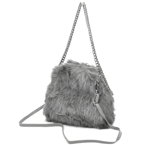 La Brava - Borsa firmata Gyoiamea in eco pelliccia morbida teddy pelo tracolla manici a catena