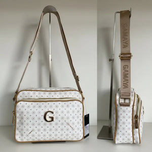 Borsa firmata GAMAYA dimensione media con zip cerniere tracolla donna logo fantasia logata multi tasche