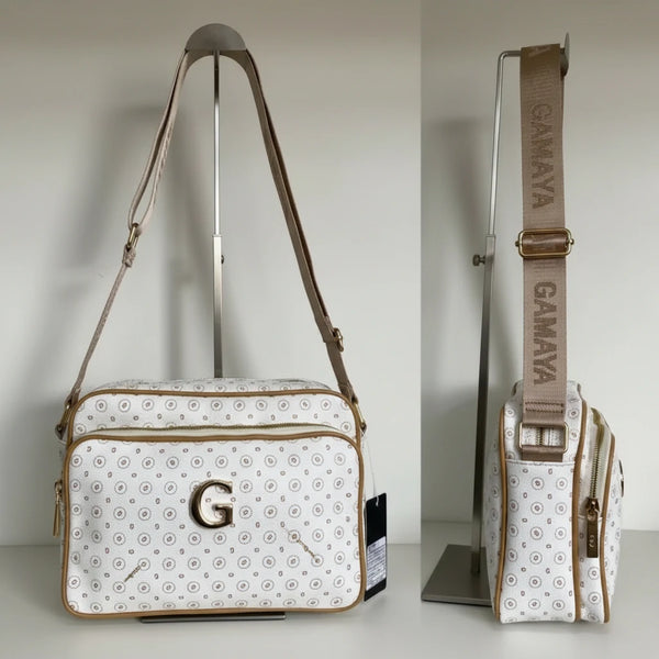 Borsa firmata GAMAYA dimensione media con zip cerniere tracolla donna logo fantasia logata multi tasche