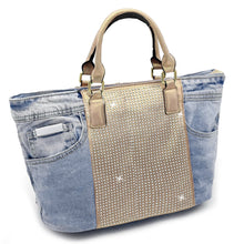 Carica l&#39;immagine nel visualizzatore di Gallery, Borsa di jeans con strass glitter grande spalla shop grande capiente glitterata