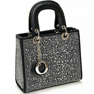 Borsa a mano mini ecopelle nera strass bauletto zip manico doppio Elegante NUOVO