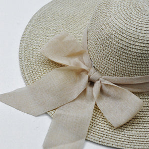 Cappello in paglia donna modello panama Floppy Hat morbido fiocco beige Boater