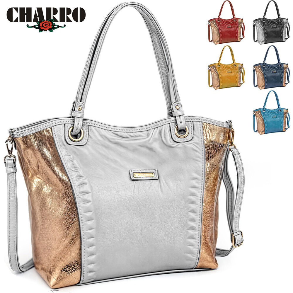 Borsa CHARRO donna grande spalla pelle passeggio shopping laminata metallo oro