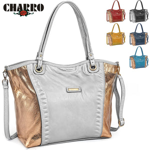 Borsa CHARRO donna grande spalla pelle passeggio shopping laminata metallo oro