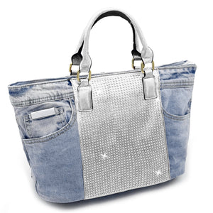 Borsa di jeans con strass glitter grande spalla shop grande capiente glitterata