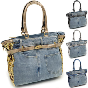 Borsa di jeans lustrini grande spalla shop grande capiente paillettes elegante