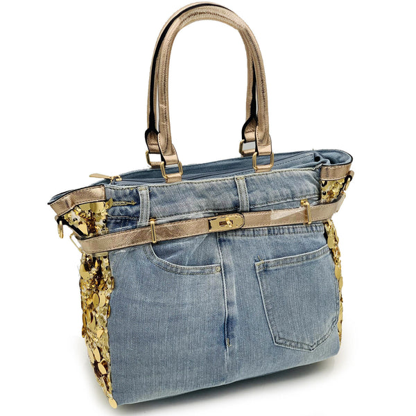 Borsa di jeans lustrini grande spalla shop grande capiente paillettes elegante