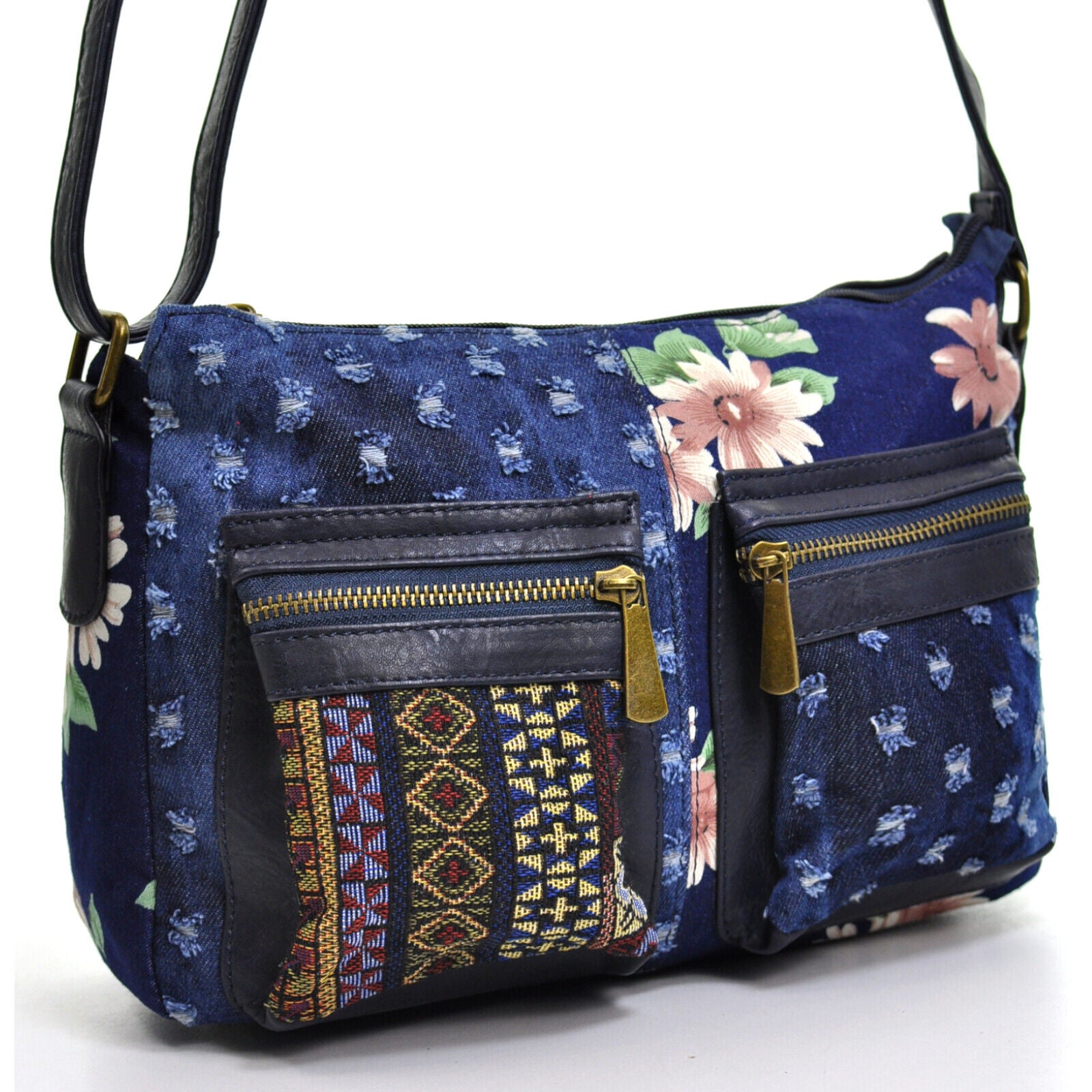 Tracolla borsa jeans artigianale messenger donna vintage tasche fiori fiorata