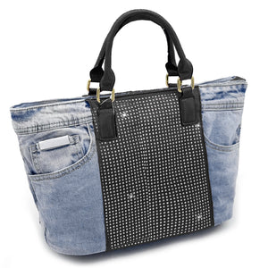 Borsa di jeans con strass glitter grande spalla shop grande capiente glitterata