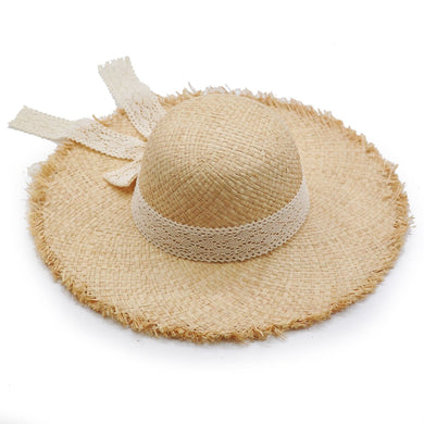 Cappello in paglia donna modello panama Floppy Hat morbido fiocco solare casual