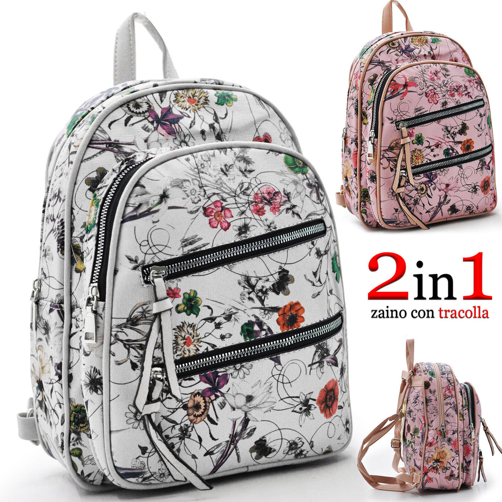 zaino zainetto donna nuovo giornaliero fantasia fiorata fiori grande tasche zip